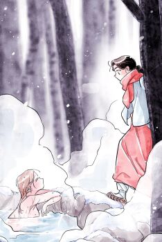 2girls bathing black_hair breasts closed_eyes commentary_request day dress facing_up forest highres jacket korean_commentary long_dress long_hair looking_at_another looking_down multiple_girls nature no_mouth nude onsen open_clothes open_jacket original outdoors partially_submerged pink_dress pink_scarf pobae_hoho scarf snow snowing standing tree water water_drop wet wet_hair white_jacket winter winter_clothes