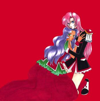 1990s_(style) 2girls bindi blue_eyes crown dark_skin dark-skinned_female dress earrings epaulettes green_eyes himemiya_anthy holding jewelry multiple_girls pink_hair purple_hair red_dress shoujo_kakumei_utena tassel tenjou_utena uniform wavy_hair yuri