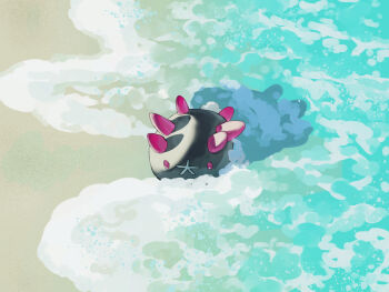 Rule 34 | beach, commentary request, full body, fusenryo, gen 7 pokemon, nintendo, no humans, outdoors, pokemon, pokemon (creature), pokemon focus, pyukumuku, sand, sea cucumber, shore, solo, water