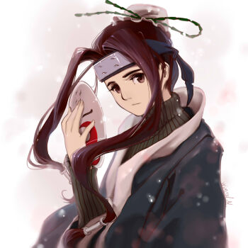 Rule 34 | 1boy, absurdres, androgynous, black eyes, black hair, brown eyes, bun cover, closed mouth, commentary request, forehead protector, hair bun, hair tubes, haku (naruto), highres, holding, holding mask, japanese clothes, long hair, long sleeves, looking at viewer, male focus, mask, naruto (classic), naruto (series), sidelocks, single hair bun, solo, sweater, trap, unworn mask, upper body, wincalblanke