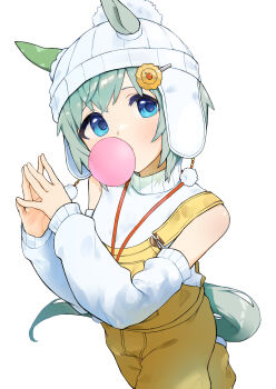 Rule 34 | 1girl, absurdres, animal ears, arm warmers, bare shoulders, blue eyes, chewing gum, commentary request, ears through headwear, grey hair, grey tail, hair ornament, hairclip, hat, highres, horse ears, horse girl, horse tail, looking at viewer, overalls, pom pom (clothes), seiun sky (umamusume), short hair, simple background, sleeveless, sleeveless sweater, solo, steepled fingers, sweater, tail, tetra (ktet4 illu), turtleneck, turtleneck sweater, umamusume, ushanka, white arm warmers, white background, white sweater, yellow overalls