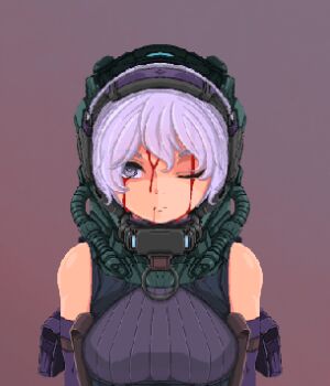 bleeding blood blood_from_forehead blood_on_face breasts doekuramori gradient_background large_breasts martyr_(the_citadel) matching_hair/eyes official_art one_eye_closed purple_eyes purple_hair simple_background tagme the_citadel