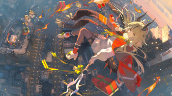 1girl absurdres argyle_clothes argyle_scarf arknights artist_name bell black_pantyhose blonde_hair boots bow box building cape cardigan character_doll christmas_present cityscape commentary_request doll dragon_girl dragon_horns dragon_tail fisheye fur-trimmed_boots fur_trim gift gift_box high_heel_boots high_heels highres horns looking_at_viewer midair necrass_(arknights) outdoors pantyhose pom_pom_(clothes) red_cape red_socks reed_(arknights) reed_the_flame_shadow_(arknights) reed_the_flame_shadow_(glowing_flame_in_the_night)_(arknights) scarf socks staff staff_riding tail toto_(caaaaarrot) white_boots white_cardigan