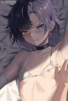 1girl artist_name black_choker black_hair blush bra breasts chocolate choker earrings flat_chest heterochromia highres chromashift jewelry looking_at_viewer lying multicolored_hair nipple_slip nipples on_bed prince purple_hair red_eyes rin_penrose short_hair small_breasts solo_focus split-color_hair sunsetskyline two-tone_hair underwear undressing undressing_another virtual_youtuber white_bra white_hair