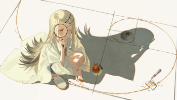 1girl blonde_hair blue_shorts blush camisole charm_(object) closed_mouth colored_eyelashes commentary dolosse flipped_hair full_body gakuen_idolmaster gradient_hair grey_hair hair_ornament hairclip hand_up highres holding holding_honey_dipper holding_magnifying_glass honey honey_dipper id_card idolmaster jar long_hair long_sleeves looking_at_viewer looking_through_magnifying_glass looking_up magnifying_glass multicolored_hair on_ground one_eye_closed open_clothes open_robe orange_eyes orange_ribbon parallel_hairclips parted_bangs ribbon robe shadow shinosawa_hiro shoes shorts smile solo squatting very_long_hair white_camisole white_robe white_shoes wide_sleeves