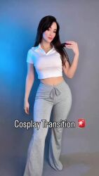 1girl animated argentine_(nationality) ass audible_music before_and_after black_hair breasts brown_eyes casual cleavage collarbone cosplay curvy elbow_gloves full_body gloves gluteal_fold highleg highleg_leotard highres holding holding_weapon indoors legs_together leotard long_hair looking_at_viewer mask medium_hair mileena_(mortal_kombat) mileena_(mortal_kombat)_(cosplay) mortal_kombat_(series) mouth_mask ninja parted_lips photo_(medium) purple_gloves purple_leotard real_life revealing_clothes sai_(weapon) shiny_clothes shiny_skin short_hair simple_background smile solo sophie_valentine sound standing thick_thighs thighhighs thighs thong_leotard video weapon wide_hips yellow_eyes