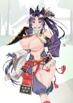 1girl alternate_breast_size_(larger) armor bea_(bropmlk) black_hair blue_eyes blue_panties bouncing_breasts breast_curtains breasts detached_sleeves fate/grand_order fate_(series) feathers gloves hat highres huge_breasts japanese_armor katana kusazuri long_hair looking_at_viewer miniskirt navel nipples panties parted_bangs pleated_skirt revealing_clothes running sheath shoulder_armor showgirl_skirt side_ponytail single_glove skirt smile sode solo sword underwear unsheathing ushiwakamaru_(fate) very_long_hair weapon