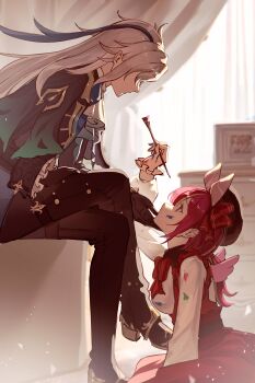 1boy 1girl absurdres animal_ears arm_up artist_self-insert black_footwear black_gloves black_pants blue_coat blue_suit blunt_bangs blurry blurry_background boots bow breasts chinese_commentary coat collared_coat commission commissioner_insert couple crossed_legs daxueguasiniannengrangwohuahuaniubima dress formal_clothes frilled_sleeves frills from_side genshin_impact gloves hair_between_eyes hair_bow hair_over_eyes hand_on_another's_cheek hand_on_another's_face hand_on_own_leg hat high_heel_boots high_heels highres holding holding_paintbrush indoors kneeling large_breasts leaning_forward light_particles long_hair long_sleeves looking_at_another looking_up mini_wings multicolored_dress multicolored_hair neuvillette_(genshin_impact) no_mouth on_ground original paint paint_on_clothes paint_splatter paint_splatter_on_face paintbrush pants pointy_ears purple_eyes red_hair second-party_source sitting streaked_hair suit two-tone_hair wavy_hair white_hair wings