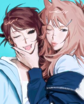 Rule 34 | 2girls, alternate costume, black eyes, blue jacket, brown hair, commentary, couple, eddsworld, english commentary, face piercing, giotletranly, hair ornament, hairclip, highres, hollow eyes, jacket, lip piercing, long hair, looking at viewer, multiple girls, one eye closed, open clothes, open jacket, open mouth, painterly, photo-referenced, piercing, short hair, tamara (eddsworld), tori (eddsworld), upper body, yuri