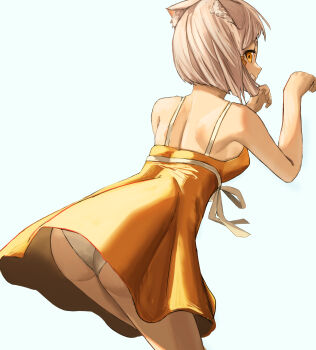 1girl absurdres alternate_costume animal_ear_fluff animal_ears ass bare_shoulders cat_ears commentary_request dress grey_hair highres looking_back nia_(fancy_sundress)_(xenoblade) nia_(xenoblade) panties pantyshot paw_pose ponaponyo short_hair simple_background smile solo teeth underwear white_background xenoblade_chronicles_(series) xenoblade_chronicles_2 yellow_dress yellow_eyes