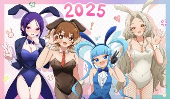2025 4girls animal_costume animal_ears blue_bow blue_bowtie blue_eyes blue_hair blush bow bowtie breasts brown_leotard brown_pantyhose cleavage closed_mouth covered_navel detached_collar embarrassed fake_animal_ears female_focus fishnet_pantyhose fishnets futate_eru hair_intakes hairband hasu_hasuha highres jacket jewelry jiai_chiyu kimi_no_koto_ga_dai_dai_dai_dai_daisuki_na_100-nin_no_kanojo kubemasaya large_breasts leotard long_hair looking_at_viewer morikita_kimari multiple_girls necklace necktie open_mouth pantyhose peace_symbol playboy_bunny purple_bow purple_bowtie purple_hair purple_leotard rabbit_costume rabbit_ears short_hair small_breasts smile strapless strapless_leotard twintails v white_leotard wrist_cuffs