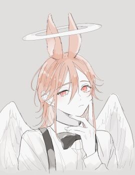 1boy angel angel_devil_(chainsaw_man) angel_wings animal_ears black_bow black_bowtie bow bowtie chainsaw_man commentary_request double-parted_bangs eyelashes fingernails grey_background hair_between_eyes halo hand_on_own_face highres kemonomimi_mode long_sleeves looking_at_viewer macoshu male_focus rabbit_boy rabbit_ears red_eyes red_hair simple_background sleeve_cuffs solo suspenders uneven_eyes white_wings wings