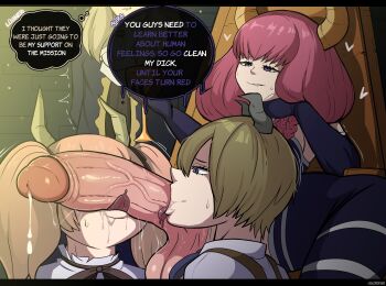 Rule 34 | 1futa, 1girl, 2boys, aura (sousou no frieren), bottomless, brown hair, cum, demon boy, demon girl, demon horns, draht (sousou no frieren), english text, erection, fellatio, ffd threesome, futa with female, futa with male, futanari, group sex, hair over one eye, horns, huge penis, huge testicles, juice, licking, licking penis, linie (sousou no frieren), long hair, looking at viewer, lordfink, lugner (sousou no frieren), multiple boys, open mouth, partially undressed, penis, pov, precum, purple hair, sitting, sousou no frieren, speech bubble, sweat, testicles, threesome, tongue, tongue out, twintails, veins, veiny penis