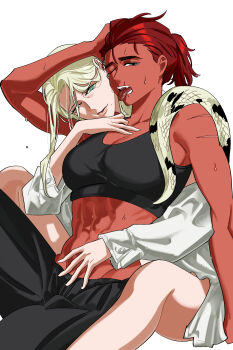 2girls abs absurdres arm_up between_legs black_pants black_sports_bra blonde_hair breasts bright_pupils cleavage colored_skin commentary_request green_eyes grey_eyes hand_on_own_head highres hug hug_from_behind korean_commentary large_breasts long_hair long_sleeves looking_at_viewer medium_hair missing_finger multiple_girls no_shirt official_art on_a_leash one_eye_closed open_mouth pants ponytail red_hair red_skin scar scar_on_arm shirt simple_background sitting snapagi sports_bra sweat toned toned_female tongue tongue_out white_background white_pupils white_shirt yuri