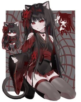 1girl absurdres adapted_costume alternate_costume animal_ear_fluff animal_ears bare_shoulders black_choker black_hair black_kimono black_thighhighs border cat_ears cat_tail chibi chibi_inset choker closed_mouth commentary_request flower hair_flower hair_ornament highres japanese_clothes kemonomimi_mode kimono kneeling long_hair long_sleeves looking_at_viewer mahou_shoujo_no_majo_saiban mo_fumo_fu_kitsune nikaido_hiro obi open_mouth outside_border red_eyes red_flower sash short_kimono tail thighhighs white_border wide_sleeves