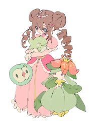 Rule 34 | 1girl, blue eyes, bright pupils, choker, creatures (company), double bun, dress, drill hair, game freak, gen 5 pokemon, gloves, hair between eyes, hair bun, highres, holding, holding stuffed toy, lilligant, long hair, n29670007, nintendo, no nose, pink choker, pink dress, pokemon, pokemon (creature), pokemon bw2, puffy short sleeves, puffy sleeves, rosa (pokemon), short sleeves, simple background, solosis, stuffed toy, substitute (pokemon), tiara, twin drills, white background, white gloves, white pupils