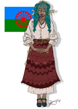 00zephiyr 1girl aqua_hair black_shoes braid closed_eyes commentary dark_skin english_commentary full_body gypsy hatsune_miku highres jewelry necklace open_mouth red_skirt romani_clothes romani_flag shirt shoes simple_background skirt solo standing tongue twin_braids vocaloid white_background white_shirt worldwide_miku