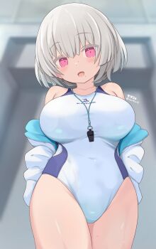 1girl alice_gear_aegis blurry blurry_background breasts collarbone commentary_request competition_swimsuit cowboy_shot grey_hair highres indoors jacket kanaya_neri large_breasts looking_at_viewer one-piece_swimsuit pink_eyes seseragi_(star4rats) solo swimsuit swimsuit_under_clothes whistle whistle_around_neck white_jacket white_one-piece_swimsuit