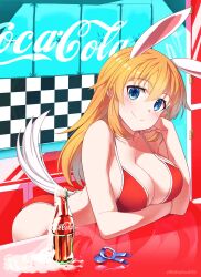 Rule 34 | 1girl, absurdres, animal ears, arm support, ass, bikini, blue eyes, blush, breasts, charlotte e. yeager, cleavage, closed mouth, coca-cola, highres, hiroshi (hunter-of-kct), large breasts, long hair, looking at viewer, orange hair, rabbit ears, rabbit tail, red bikini, smile, soda bottle, solo, strike witches, swimsuit, tail, world witches series