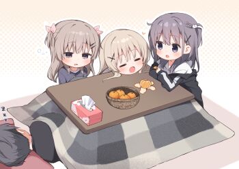 Rule 34 | 1boy, 3girls, :d, :o, = =, absurdres, black jacket, black shirt, blunt bangs, blush, brother and sister, brown hair, cat hair ornament, closed eyes, closed mouth, collared shirt, commentary request, drooling, food, fruit, fumi (takepoison), grey hair, hair behind ear, hair between eyes, hair ornament, hair ribbon, hairclip, half-closed eyes, head on pillow, heart, highres, jacket, kotatsu, long hair, lying, mandarin orange, medium hair, mouth drool, moyu (takepoison), multiple girls, nitori (takepoison), on side, open clothes, open jacket, open mouth, original, outline, parallel hairclips, pillow, pink ribbon, polka dot, polka dot background, purple eyes, ribbon, shirt, siblings, sidelocks, simple background, sisters, sleeping, sleepy, sleeves past wrists, smile, squeans, table, takepoison, tissue box, track jacket, two side up, under kotatsu, under table, upper body, white background, white outline, white shirt, yui (takepoison), zzz