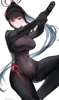 Rule 34 | 1girl, absurdres, arms up, black bodysuit, black hair, black halo, blue archive, blunt bangs, bodysuit, breasts, bright pupils, closed mouth, commentary request, gun, hair ornament, halo, handgun, highres, holding, holding gun, holding weapon, impossible bodysuit, impossible clothes, large breasts, latex, latex bodysuit, long hair, looking at viewer, m1911, multicolored halo, official alternate costume, official alternate hairstyle, ponytail, red eyes, ringed eyes, rio (blue archive), rio (bodysuit) (blue archive), sidelocks, simple background, skin tight, solo, standing, taut bodysuit, twitter username, two-tone halo, variant set, very long hair, weapon, white background, white pupils, xue lian wa noel