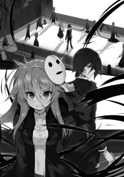 1girl :3 back-to-back belt blood blood_on_face breasts choker cleavage closed_mouth collarbone collared_shirt fang fangs flats flipped_hair from_above full_body furukawa_nanoka hair_between_eyes hair_over_one_eye highres holding holding_sword holding_weapon jacket latimeriya_(nanoka_no_kuigami) long_bangs long_hair long_sleeves looking_back mask mask_on_head medium_breasts multiple_views nanoka_no_kuigami nauribon navel non-web_source novel_illustration official_art pants shirt shoes short_hair sidelocks smile standing suit_jacket sword torn_clothes torn_jacket tsurime v-shaped_eyebrows weapon wide_shot