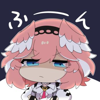 1girl :&lt; black_gloves blue_eyes chibi chibi_only crossed_arms feathered_wings fingerless_gloves gloves hair_between_eyes hair_ornament head_wings headband hololive long_sleeves looking_at_viewer necktie pink_hair puffy_sleeves red_necktie shirt short_hair simple_background skirt staring takane_lui takane_lui_(1st_costume) twumi virtual_youtuber white_shirt wings zipper