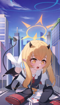 1girl :d absurdres black_coat black_horns black_tail black_wings blonde_hair blue_archive blush building chinese_commentary coat commentary_request crayon demon_girl demon_horns demon_tail demon_wings drawing_(action) dress feet_up giant giantess halo highres holding holding_crayon horns ibuki_(blue_archive) long_hair long_sleeves low_wings lying neck_ribbon on_stomach open_mouth pinafore_dress pointy_ears red_ribbon ribbon ring_of_light_(blue_archive) road shirt sleeveless sleeveless_dress sleeves_past_fingers sleeves_past_wrists smile socks solo street tail white_shirt white_socks wings xiamu_chiyu yellow_eyes yellow_halo
