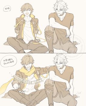 2boys absurdres antenna_hair astral_express_(honkai:_star_rail) black_boots black_border black_coat black_gloves black_pants black_shirt blue_eyes boots border caelus_(honkai:_star_rail) choker closed_eyes coat collarbone commentary_request fingerless_gloves fingernails gloves grey_hair grey_pants hair_over_one_eye hand_on_another's_back hand_up highres honkai:_star_rail honkai_(series) hood hooded_coat instntmssl lapels long_sleeves looking_at_another male_focus multiple_boys multiple_views open_clothes open_coat open_mouth pants phainon_(honkai:_star_rail) scarf shirt short_hair short_sleeves simple_background sitting smile sun_symbol t-shirt talking teeth thigh_strap trailblazer_(honkai:_star_rail) train two-sided_coat two-sided_fabric watermark white_background white_hair white_shirt yellow_coat yellow_scarf