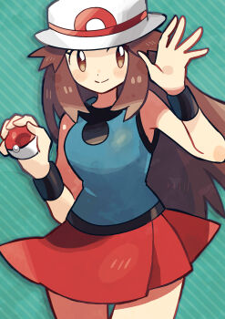 1girl anidler91 blue_shirt brown_eyes brown_hair cowboy_shot hands_up hat highres holding holding_poke_ball leaf_(pokemon) long_hair looking_at_viewer nintendo no_sclera poke_ball poke_ball_(basic) pokemon pokemon_frlg porkpie_hat red_skirt shirt skirt sleeveless sleeveless_shirt smile solo waving white_hat wristband