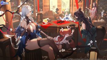 Rule 34 | 5girls, all fours, an shan (azur lane), architecture, azur lane, bent over, black dress, black hair, black mask, blue dress, blue eyes, blue nails, bow, branch, breast curtains, breasts, brown hair, calligraphy brush, capelet, chang wu (azur lane), chinese new year, cleavage, cone hair bun, copyright name, covered navel, cup, detached sleeves, double bun, dress, east asian architecture, feather boa, flower, frilled sleeves, frills, fu shun (azur lane), fu shun (the unbreakable baozi heist) (azur lane), fur-trimmed capelet, fur trim, green bow, green eyes, green hair, grey hair, guest art, hai chou (azur lane), hai yung (azur lane), hai yung (maple impressions) (azur lane), hair bun, hair ornament, hair over one eye, hairband, hairclip, hanging scroll, holding, holding calligraphy brush, holding cup, holding paintbrush, lantern, large breasts, logo, looking at viewer, looking to the side, mask, mouth mask, multiple girls, nail polish, official art, orange eyes, orange hair, paintbrush, pelvic curtain, ponytail, red capelet, scroll, second-party source, sitting, sleeveless, sleeveless dress, swd3e2, table, teacup, teapot, under table, white capelet, white dress, white flower, white hairband