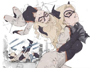 Rule 34 | 1girl, absurdres, black boots, black gloves, black horns, black vest, blonde hair, bodysuit, boku no hero academia, boots, breasts, clenched teeth, gloves, highres, horns, large breasts, le (szs0k), long hair, mount lady, multiple views, one eye closed, purple eyes, solo focus, teeth, v-shaped eyebrows, vest, white background, white bodysuit