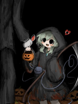 1boy 1girl :d black_cloak black_eyes blood buttons candy cloak commentary_request cosplay creepypasta death_(entity) diamond_button eyeball food formal_clothes green_hair grim_reaper grim_reaper_(cosplay) halloween halloween_bucket halloween_costume heart heripantomorrow jack-o'-lantern komeiji_koishi lollipop open_mouth pumpkin scythe slender_man smile suit tall_male third_eye touhou trick_or_treat