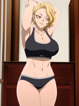 1girl absurdres anime_screenshot armpits arms_behind_head arms_up black_bra black_panties blonde_hair bra breasts cleavage closed_mouth female_focus highres large_breasts legs matching_hair/eyes midriff multicolored_eyes muscular muscular_female navel panties sazanami_kuina short_hair solo sports_bra stitched stomach thighs third-party_edit tongue tougen_anki underwear underwear_only yellow_eyes