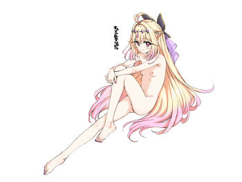 Rule 34 | 1girl, antenna hair, blonde hair, braid, breasts, commentary request, completely nude, cure arcana shadow, full body, gradient hair, hamao, highres, knee up, long hair, magical girl, meitantei precure!, moria luluka, multicolored hair, nail polish, nipples, nude, pink eyes, pink hair, precure, simple background, sitting, small breasts, smile, solo, toenail polish, toenails, very long hair, white background