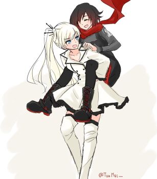 2girls artist_name black_dress black_footwear black_hair black_pantyhose blue_eyes boots cape carrying closed_eyes dress frilled_dress frills gradient_hair grey_background hair_ornament highres holding_another's_finger long_hair looking_back multicolored_background multicolored_hair multiple_girls open_mouth pantyhose piggyback ponytail red_cape red_hair ruby_rose rwby scar scar_across_eye scar_on_face short_hair simple_background smile thigh_boots thighhighs thighs tuemei weiss_schnee white_background white_dress white_hair zettai_ryouiki