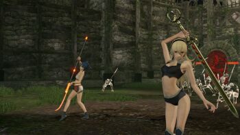 2girls 3d armor armpits ass bare_shoulders barefoot battle blue_hair boyshort_panties bra breasts broken_armor building cleavage collarbone female_corrin_(fire_emblem) exhibitionism feet fighting_pose fingernails fire_emblem fire_emblem_fates fire_emblem_warriors grass hair_ornament hairband holding holding_sword holding_weapon japanese_clothes legs long_hair medium_breasts midriff multicolored_underwear multiple_boys multiple_girls nature navel neck nintendo oboro_(fire_emblem) official_alternate_costume official_underwear outdoors pale_skin panties pointy_ears polearm public_indecency raised_arm red_eyes serious silver_hair socks spear standing strapless strapless_bra sword tabi thighs tiptoes toenails toes traditional_clothes underwear underwear_only weapon