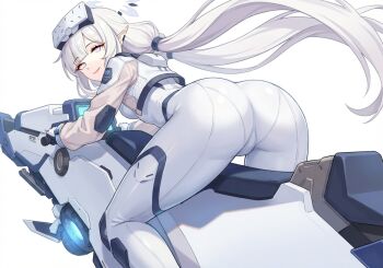 Rule 34 | 1girl, ass, blue archive, bodysuit, breasts, cameltoe, from behind, himari (blue archive), himari (bodysuit) (blue archive), kisaragi9a, long hair, looking at viewer, looking back, low twintails, medium breasts, pointy ears, sideboob, smile, solo, twintails, vehicle, visor