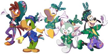 5boys abc-85az absurdres animal_ears bow bowtie cat_ears disney disneyland donald_duck duffy_and_friends full_body furry furry_male gelatoni hat highres jose_carioca looking_at_viewer male_focus max_goof mickey_mouse_&amp;_friends multiple_boys open_mouth panchito_pistoles saludos_amigos shirt simple_background smile sombrero standing stuffed_animal stuffed_toy the_three_caballeros