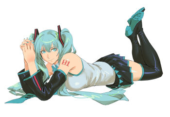 1girl black_boots black_skirt blue_eyes blue_hair blue_nails boots breasts chinese_commentary commentary commentary_request detached_sleeves english_commentary from_side full_body hatsune_miku highres large_breasts long_hair long_sleeves lying mixed-language_commentary on_stomach ruukii_drift shirt shoulder_tattoo skirt sleeveless sleeveless_shirt solo tattoo the_pose thigh_boots twintails very_long_hair vocaloid