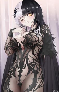 Rule 34 | 1girl, absurdres, black dress, black hair, blush, breasts, brulee, chronopattern dress, cleavage, cowboy shot, dress, grey hair, highres, hololive, hololive english, large breasts, long hair, multicolored hair, one eye closed, parted lips, shiori novella, smile, solo, two-tone hair, virtual youtuber, yellow eyes
