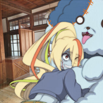 1girl animal animal_hug belt blonde_hair blue_fur blue_jacket blue_skin brown_belt ceiling ceiling_light colored_skin crate dog eyes_visible_through_hair facial_scar green_hair green_pants grin hair_over_one_eye high_ponytail hug jacket long_hair long_sleeves midriff multicolored_hair nikaidou_saki open_mouth pants photo_background ponytail red_eyes red_hair romero_(zombie_land_saga) scar scar_on_cheek scar_on_face sharp_teeth smile stitches streaked_hair t_jiroo_(ringofriend) teeth tongue tongue_out window zombie zombie_land_saga