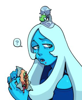 2girls ? ballerina ballet_dress blue_diamond_(steven_universe) blue_eyes blue_hair blue_leotard blue_pearl_(steven_universe) blue_skin burger colored_skin commentary discount-supervillain eating english_commentary eyelashes fingernails food gem_(steven_universe) hair_over_eyes hair_over_face holding holding_burger holding_food homeworld_gem_uniform leotard lips middle_part mini_person minigirl multiple_girls open_mouth pickle pointy_nose puffy_lips see-through_clothes short_hair sitting skirt speech_bubble steven_universe tareme