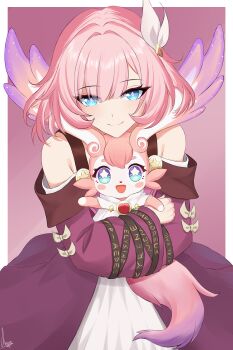 1girl absurdres abysssian bare_shoulders blue_eyes border coat commentary cyrene_(honkai:_star_rail) cyrene_(ripples_of_past_reverie)_(honkai:_star_rail) dress english_commentary hair_ornament highres honkai:_star_rail honkai_(series) looking_at_viewer mem_(honkai:_star_rail) pink_hair purple_background purple_coat short_hair smile star-shaped_pupils star_(symbol) symbol-shaped_pupils tail white_border white_dress
