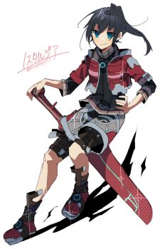 1boy black_hair blue_eyes cosplay full_body holding holding_sword holding_weapon jacket long_hair looking_at_viewer monado mugimugis noah_(xenoblade) ponytail shulk_(xenoblade) shulk_(xenoblade)_(cosplay) simple_background smile solo sword weapon white_background xenoblade_chronicles_(series) xenoblade_chronicles_1 xenoblade_chronicles_3