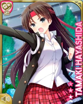 1girl :o armband black_coat bow brown_hair button character_name coat day girlfriend_(kari) grey_eyes hayashida_tamaki headband long_hair looking_at_viewer official_art open_mouth outdoors plaid_clothes plaid_skirt pointing qp:flapper rain red_bow red_skirt ribbon school_uniform shirt shouting skirt white_shirt