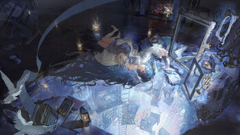 1girl bird blue_hair blue_theme book candle candlestand chinese_commentary commentary_request duet_night_abyss fina_(duet_night_abyss) hair_spread_out head_wings highres lantern long_hair lying official_art on_back picture_frame solo stellated_octahedron toeless_socks typewriter very_long_hair wings