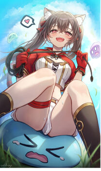 >_< 1girl animal_ear_fluff animal_ears belt black_bow black_bra black_ribbon blush boots bow bowtie bra breasts brown_belt brown_hair bustier cat_ears cleavage clothes_between_thighs commentary convenient_censoring convenient_skirt cropped_jacket gloves grass hair_ribbon heart heart_emoji highres holding holding_whip long_hair navel open_mouth oridays original peanut_mouth red_bow red_eyes red_gloves ribbon sidelocks sitting skirt sky slime_(creature) speech_bubble sweat symbol-only_commentary tail tears teeth thighs twintails underwear upper_teeth_only very_long_hair whip white_bustier white_skirt