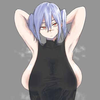 1girl areola_slip armpits arms_behind_head breasts commentary_request grey_hair hands_up highres large_breasts looking_at_viewer orange_eyes original scar scar_on_face sideboob simple_background solo solo_focus steam steaming_body tomboy twintails yoshiyamada_gumi