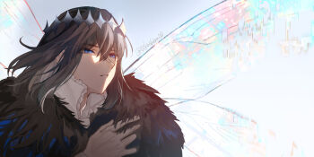 00kashian00 1boy black_hair blue_eyes commentary crown dragonfly_wings fate/grand_order fate_(series) fur_trim hair_between_eyes highres insect_wings male_focus medium_hair oberon_(fate) oberon_(third_ascension)_(fate) parted_lips portrait solo twitter_username wings